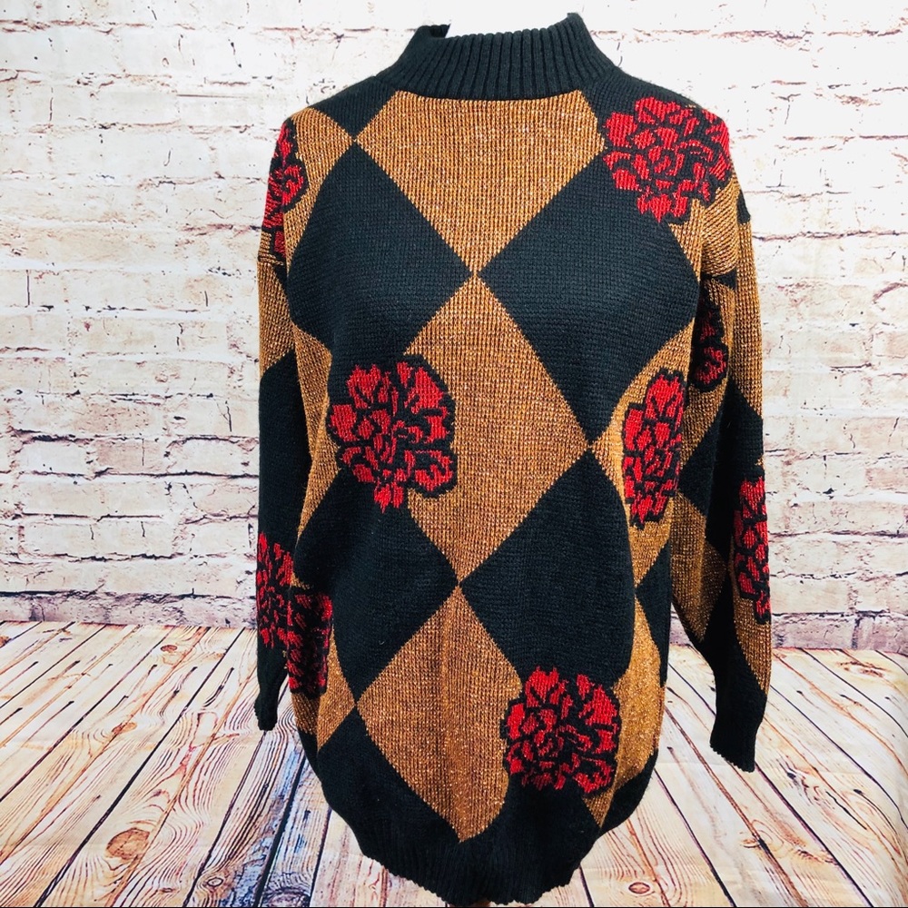 Vtg 90’s Long Metallic Flower Sweater Large